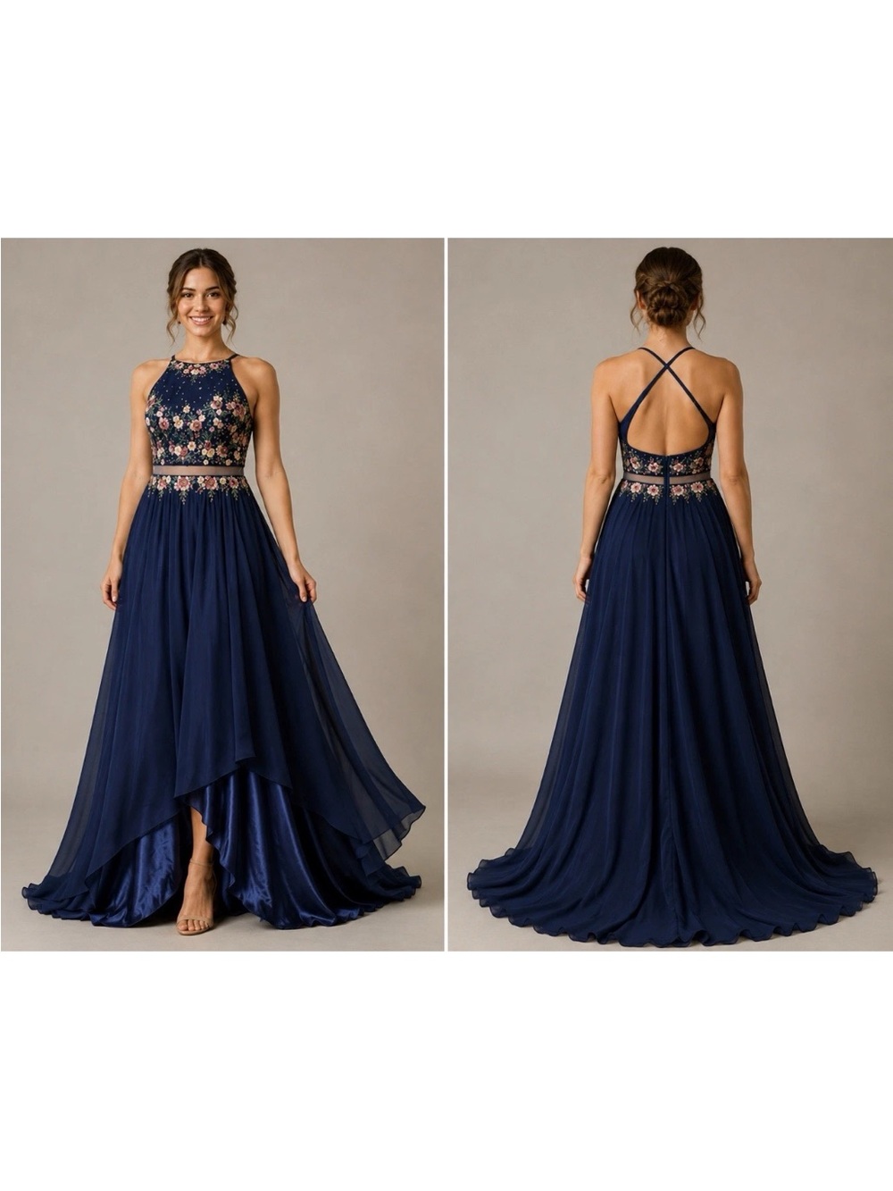 Elizabeth K GLS Blue Floral Beaded Sequin Embroidered Halter Long Gown M